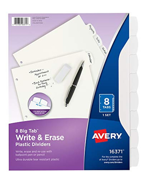 Avery Durable Plastic 8-Tab Write & Erase Big Tab Dividers for 3 Ring Binders, White, 1 Set (16371)