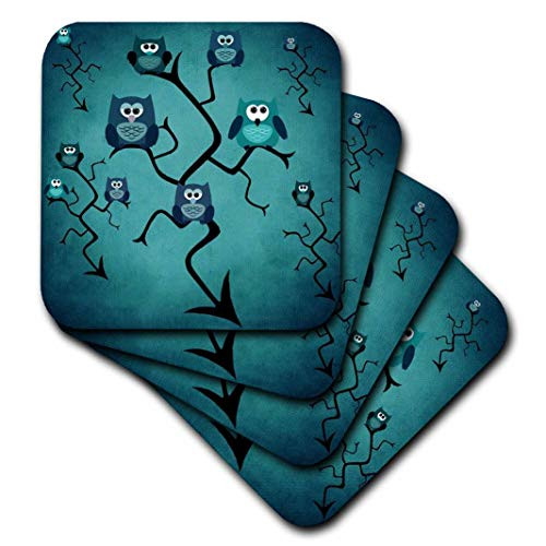 3D Rose Blue Modern Owl in A Tree Ceramic Tile Coasters, Multicolor