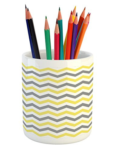 Lunarable Geometric Pencil Pen Holder, Horizontal Chevron Pattern Zigzag Endless Simplicity Design Print, Ceramic Pencil Pen Holder for Desk Office Accessory, 3.6" X 3.2", Yellow White