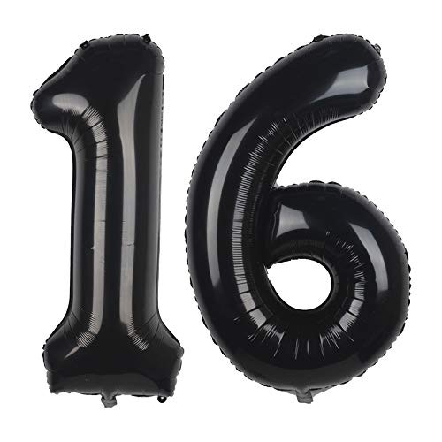 GAKA 40 Inch Black 16th Birthday Number Balloons 16 Foil Mylar Balloon for Anniversary Party Decoration GAKA 40 Inch Black 16th Birthday Number Balloons 16 Foil Mylar Balloon for Anniversary Party Decoration