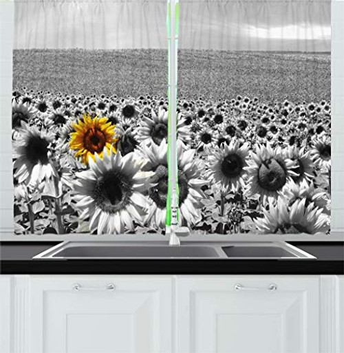 Ambesonne Modern Kitchen Curtains, Sunflower Field Black and White with a Single Yellow Flower Spring Landscape Individuality, Window Drapes 2 Panel Set for Kitchen Cafe Decor, 55" X 39", Grey Yellow Ambesonne Modern Kitchen Curtains, Sunflower Field Black and White with a Single Yellow Flower Spring Landscape Individuality, Window Drapes 2 Panel Set for Kitchen Cafe Decor, 55" X 39", Grey Yellow