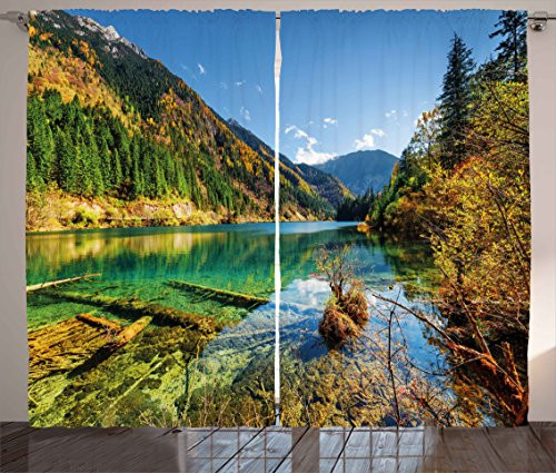 Ambesonne Outdoor Curtains, Scenic View Arrow Bamboo Lake Among Mountains and Colorful Fall Woods China, Living Room Bedroom Window Drapes 2 Panel Set, 108" X 90", Yellow Green