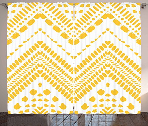 Ambesonne Yellow Chevron Curtains, Hand Drawn Aztec Pattern Motif with Dashed Lines, Living Room Bedroom Window Drapes 2 Panel Set, 108" X 84", Mustard White