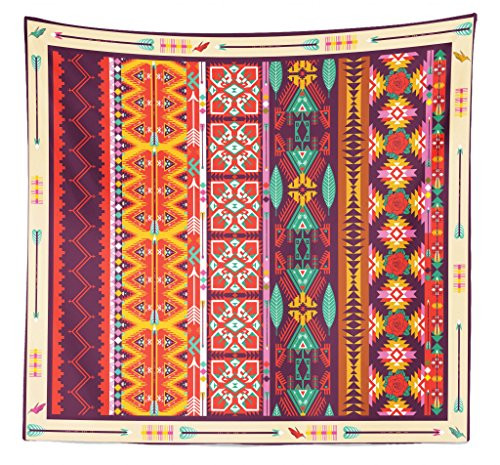 Lunarable Aztec Tapestry Queen Size, Colorful Pattern with Birds Flowers and Arrows Mayan Latino Cultural Heritage Theme, Wall Hanging Bedspread Bed Cover Wall Decor, 88" X 88", Orange Purple