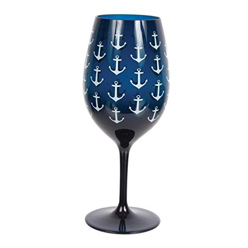 DEI Navy Anchor Pattern Wine Glass, Blue