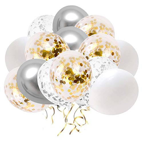White Silver Gold Confetti Balloons, 50 Pack 12inch Silver Metallic Chrome Balloon Set for Decorations Wedding Birthday Baby Shower Party