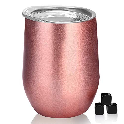 Insulated Stemless Wine Glass - Double Wall Vacuum Stainless Steel Tumbler with Lid - Egg Shape Travel Cup with 3 Whiskey Ice Stones for Wine/Drinks/Champagne/Cocktails 12OZ