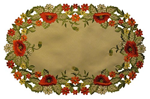 SAINTY H0775-(16x36) Red Poppy Oval Table Runner, 16" x 36", Cream