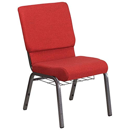 Flash Furniture HERCULES Series 18.5''W Church Chair in Red Fabric with Cup Book Rack - Silver Vein Frame
