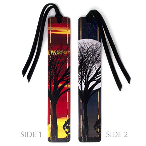 Sun and Moon Double Sided Colorful Wooden Bookmark with Hand Cut Black Suede Tassel
