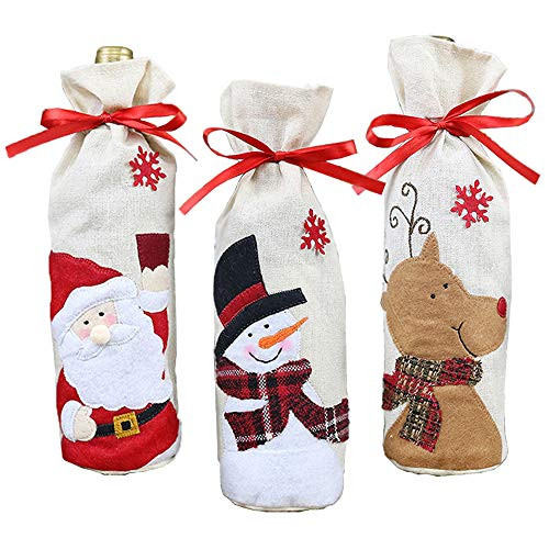 3pcs Christmas Wine Bottle Cover,Xmas Wine Bottle Bags for Christmas New Year Decoration,Reusable Wine Bottle Gift Bags with Red Santa Snowman Elk Wine Bottle Cover for Dinner Party Table Decorations