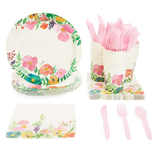Vintage Floral Dinnerware Set, Watercolor Party Supplies Serves 24 (144 Pieces)