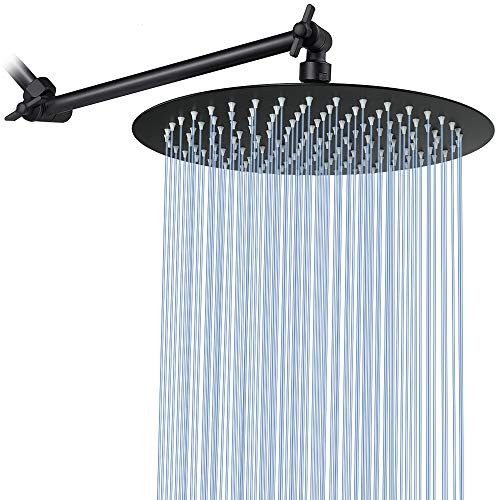 Rain Shower Head with 11'' Adjustable Arm, NearMoon High Pressure Stainless Steel Rainfall Showerhead, Ultra-Thin Design - Pressure Boosting (12-Inch Shower Head with Arm, Matte Black)