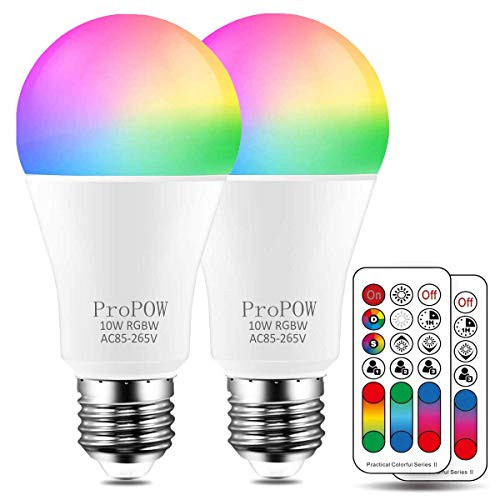 Color Changing Light Bulb,ProPOW 10W RGB Color LED Light Bulbs with IR Remote Control A19 E26 LED Night Light Bulbs Mood Light Bulb for Home Decor,Party(RGB+Soft White,Dimmable,2-Pack)