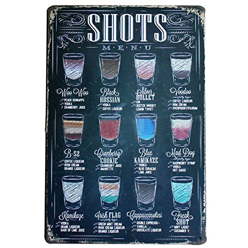 Shots Menu Retro Vintage Bar Metal Tin Sign Poster Ptyle Wall Art Pub Bar Decor 20x30cm