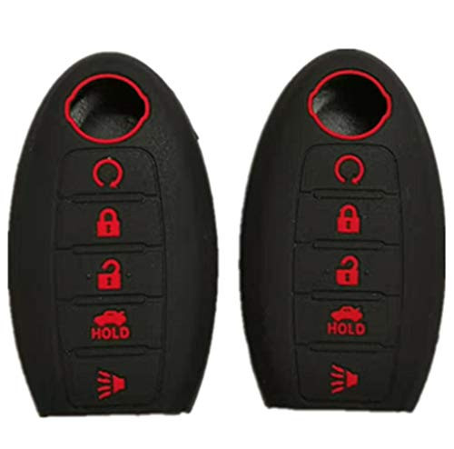 RUNZUIE 2Pcs Silicone Keyless Entry Remote Key Fob Cover Case Protector Fit for Nissan Armada Murano Rogue Maxima Altima Pathfinder 285E3-3TP5A KR5S180144014?Black with Red 5 Buttons?