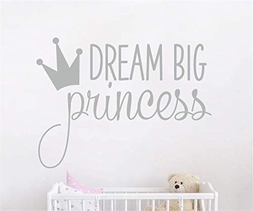 Dream Big Princess with Crown Wall Decal Vinyl Sticker for Kids Baby Girls Bedroom Decoration Nursery Home Decor Mural Design YMX18 (Grey)