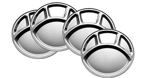 Khandekar Stainless Steel Round Dinner Plates with 4 Compartment, Divided Dinner Plate, Cafeteria Mess Trays, Camping Dishes - Silver, 11.5 inch, Pack of 4