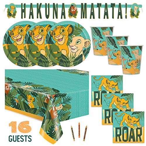 The Lion King Theme Birthday Party Supplies Set Serves 16 - Tablecover, Banner Decoration, Plates, Napkins, Cups and Candles - Nala and Simba