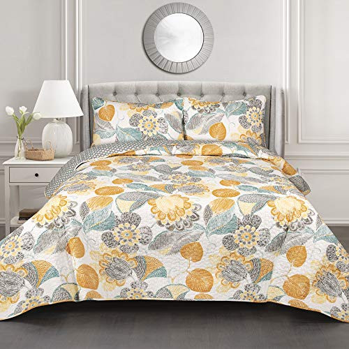 Lush Decor Yellow & Gray Layla Quilt Floral Leaf Print 3 Piece Reversible Bedding Set Full Queen