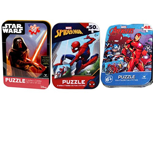 3 Collectible Boys Mini Jigsaw Puzzles in Travel Tin Cases: Marvel Disney Kids Star Wars, Avengers, Spiderman Gift Set Bundle (50 Pieces)