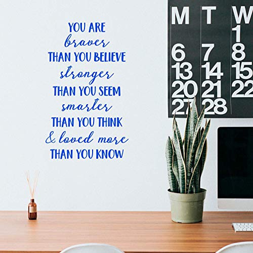 Vinyl Wall Art Decal - You are Braver Than You Believe - 28" x 17" - Inspirational Positive Self Esteem Quote Sticker for Bedroom Closet Living Room Kids Room Playroom Office Decor (Blue)