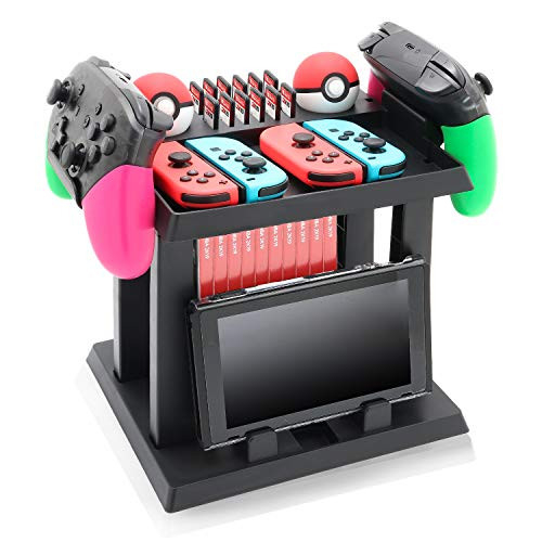 Storage Stand for Nintendo Switch, Dock Organizer for Nintendo Switch Dock, Joy-Con Grip, 2 Pro Controllers, 2 Joy-Con Straps, 4 Joy-Cons, 12 Game Cards and 2 Poke Ball Plus Controllers