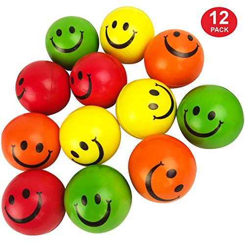 2.5 Inch Neon Stress Balls - Pack of 12 - Smiley Stress Balls from Playko - Foam Stress Balls in Assorted Colors - Smiley Face Squeeze Balls - Relaxing Anti Stress Balls for Adults Kids Boys Girls