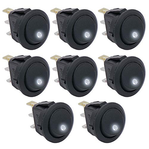 Twidec/8Pcs Round Dot Lighted Rocker Switch Toggle 20A 12V DC On/Off SPST Switch Control for Car Or Boat with White LED Light KCD2-102N-W