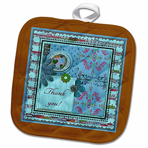 3D Rose Thank You Musical Notes Frame Flowers Hearts Designs Brown Blue Pot Holder, 8 x 8