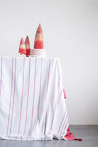 Creative Co-op Cotton Woven Tablecloth with Red Stripes & Tassels, White