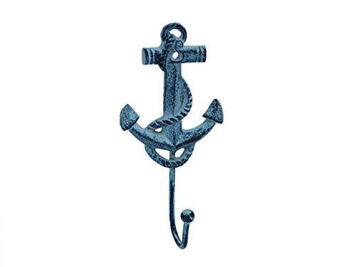 Hampton Nautical Rustic Dark Blue Whitewashed Decorative Cast Iron Anchor Wall Hook, 7" - Rustic Wall Art