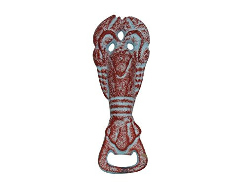 Hampton Nautical  Rustic Red Whitewashed Sea Life Decor Lobster Bottle Opener 6" - Vintage Cast Iron Decor