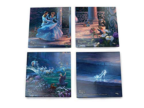 Disney Cinderella Glass Coaster Set - Thomas Kinkade - Comes with Stylish Modern Wooden Holder