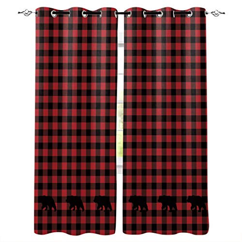 Edwiinsa Black and Red Buffalo Plaid and Bear Kitchen Curtains Window Drapes Treatment, 2 Panels Set Door Curtians for Kitchen Cafe Office, 80W x 84L inch