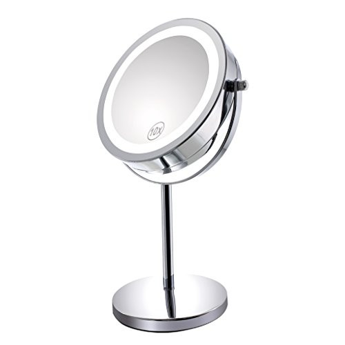 Gospire 10x Magnified Lighted Makeup Mirror Double Sided Round Magnifying Mirror Standing 360 Degree Swivel Vanity Mirror Battery Operated 7 Inch Diameter Shaving Bathroom Mirror By