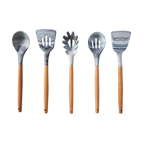 Marbled 5 Piece Kitchen Utensil Set by CIROA | Set of 5 Silicone and Timber Cooking Utensils