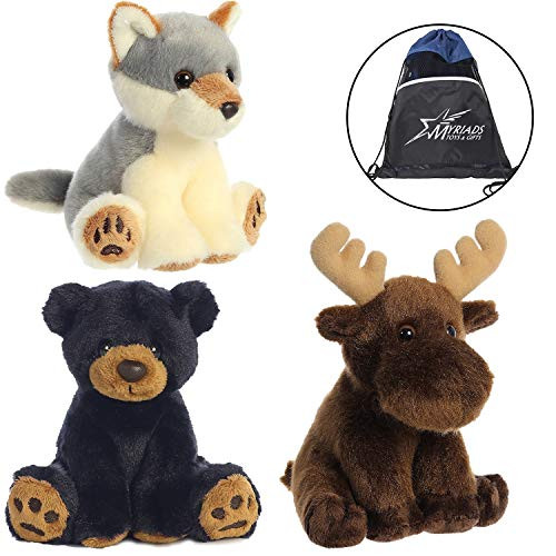 Aurora Woodland Wildlife 5" Plushie Set of 3: Wiley Wolf, Monty Moose, and Ray The Bear, with Drawstring Bag