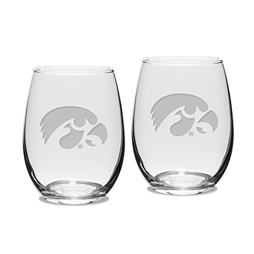 University Glass NCAA Iowa Hawkeyes Adult Set of 2 - 15 oz Stemless Wine Glass Deep Etched Engraved, One Size, Clear