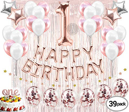 1st BIRTHDAY GIRL DECORATIONS (39 Piece Set) | Great for 1st Birthday Party Supplies and Rose Gold Party Decorations | Includes Rose Gold Confetti Balloons | Happy First BDay Princess Decorations