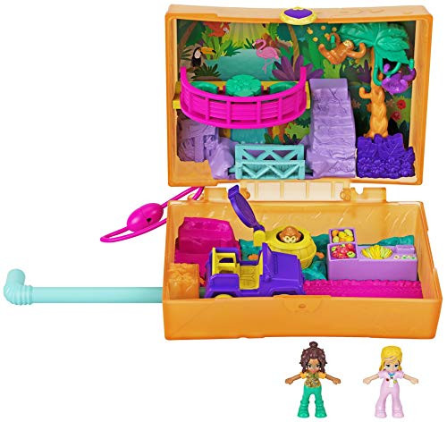 Polly Pocket Jungle Safari Compact with Fun Reveals, Micro Polly and Shani Dolls, 2 Sloth Figures & Sticker Sheet; for Ages 4 Years Old & Up