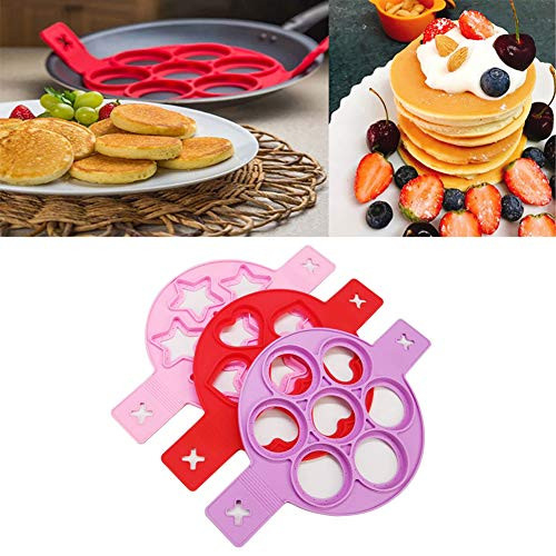 3 Pack Pancake Molds Ring Fried Egg Baking Mold Reusable Silicone Non-Stick Pancake Maker Dishwasher Safe (Heart Round Star)