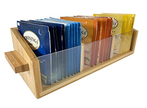 Ceboro Bamboo Condiment Organizer with Clear Plastic Face - Use as Tea Bag Holder, Coffee Caddy, Wood Sugar Packet Holder and Creamer Storage Station for Countertop Coffee Bar Accessories (3 Sections)