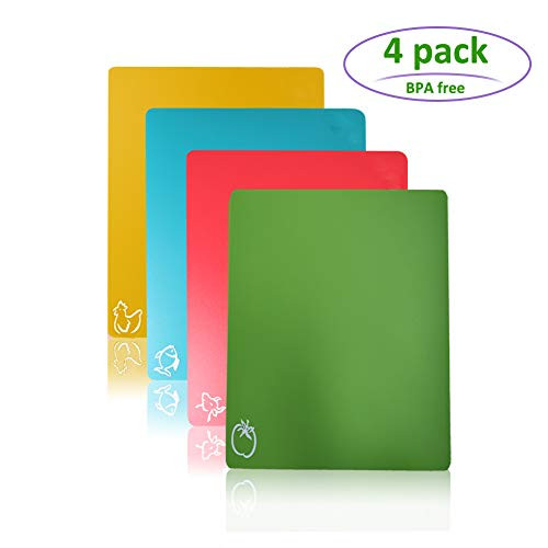 Flexible Cutting Board, Plastic Chopping Mat Color Coded with Food Icons Easy-Grip BPA-Free Food Cutting Mat Set for Kitchen Bar RV - Set of 4