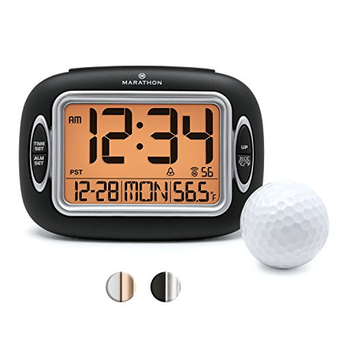 Marathon CL030051BK Atomic Alarm Clock With Auto-Night Light, Temperature & Date - Batteries Included. Latest Edition with Easy Control Front Buttons.