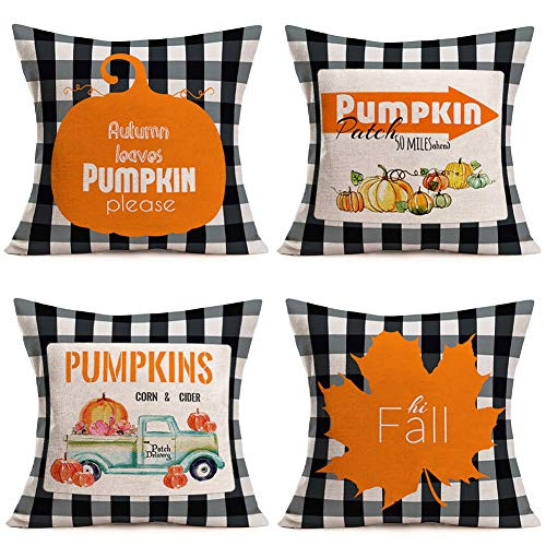 Tlovudori 4Pack Fall Black White Buffalo Plaids Pumpkin Pillow Covers Home Decor Autumn Harvest Farm Truck Maple Leaves Throw Pillow Cases Cotton Linen Cushion Cover 18"x18" for Sofa Bed (FP-Truck) Tlovudori 4Pack Fall Black White Buffalo Plaids Pumpkin Pillow Covers Home Decor Autumn Harvest Farm Truck Maple Leaves Throw Pillow Cases Cotton Linen Cushion Cover 18"x18" for Sofa Bed (FP-Truck)