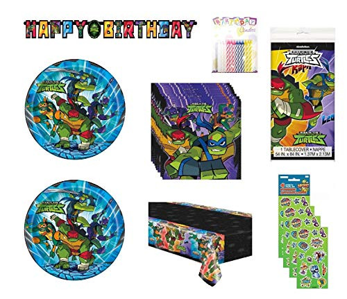 Party Bundle TMNT Teenage Mutant Ninja Turtles Birthday Party Supplies for 16 includes Plates, Napkins, Table Cover, Birthday Banner, Stickers