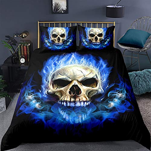 Feelyou Skull Duvet Cover Set Twin Size 3D Print Skeleton Bones Bedding Set Gothic Microfiber Comforter Cover Set Black Blue Flame Horror Skull Pattern Quilt Cover with 1 Pillow Shams, Zipper 2 Pcs