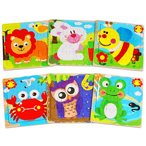 Wooden Jigsaw Puzzles for Kids Ages 3-5, Wooden Puzzles for Toddler Children Preschool Educational Learning Puzzle Toy Set, 16 Piece Animal Puzzle for 2 3 4 5 Year Old Boys and Girls, (6 Puzzles)