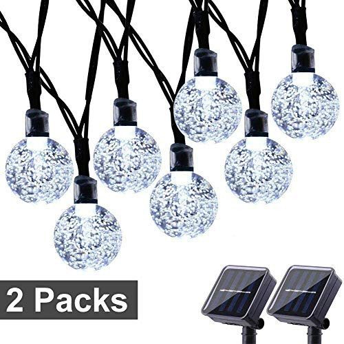 Toodour Solar String Lights 50 LED 29.5ft Solar Patio Lights with 8 Modes, Waterproof Crystal Ball String Lights for Patio, Lawn, Party, Wedding, Garden Decorations (White, 2 Pack)